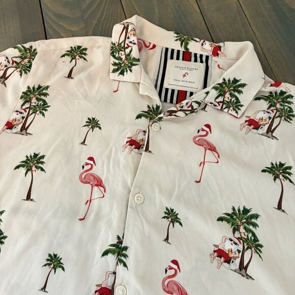 Denim & Flower Santa Palm Trees Flamingo Christmas Short Sleeve Mens XL (XM5) - Picture 2 of 5